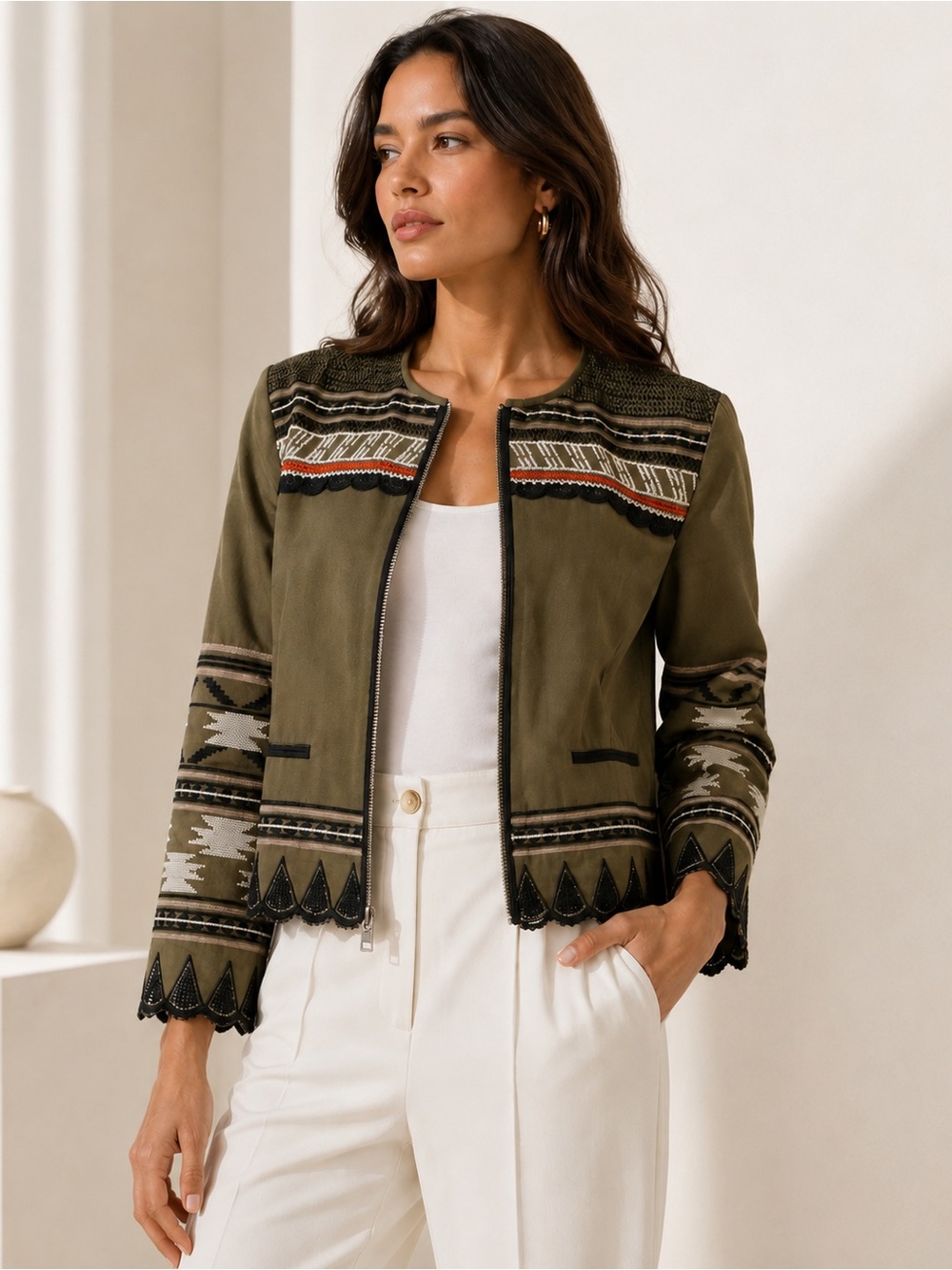 NWT Veronica Beard Embroidered Zip Front Evening Jacket Olive Multi Size L